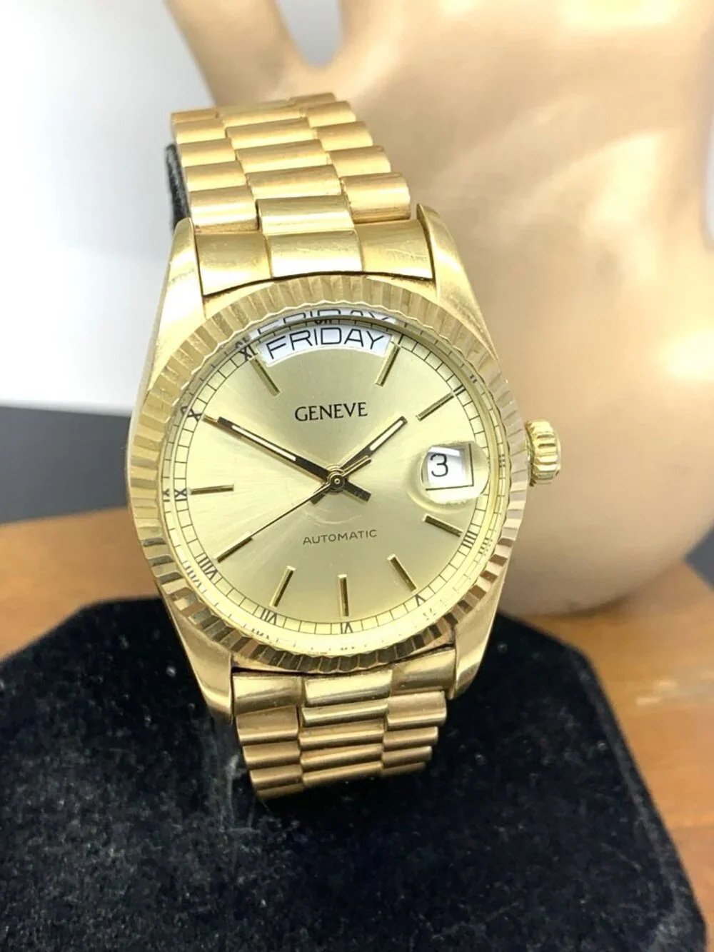 Geneve Men's Watch Vintage Swiss Automatic Day Date 14k Yellow Gold 109.1g 35mm